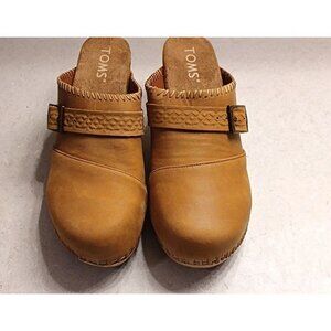 TOMS Shoes Elisa Tan Closed Toe Mule Chunky Clogs Wood Slip On Sandals US 7